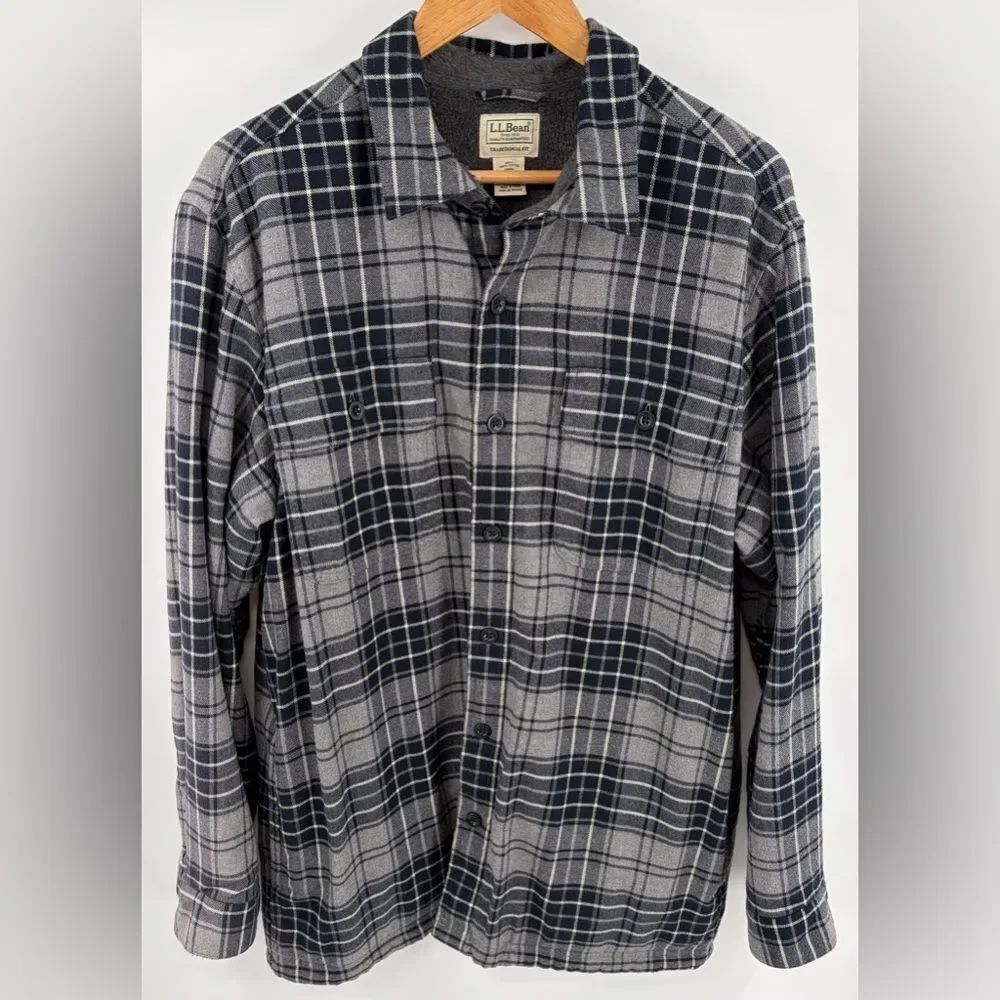 L.L. Bean men’s fleece lined plaid flannel gray blue shirt jacket outdoor sz L